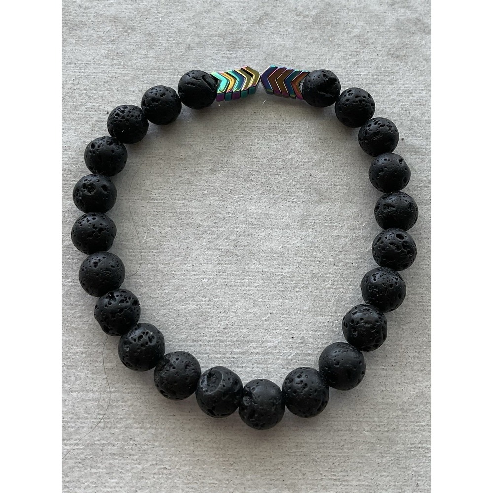 black lava rock beaded bracelet  rainbow hematite Arrows Vintage Estate Jewelry